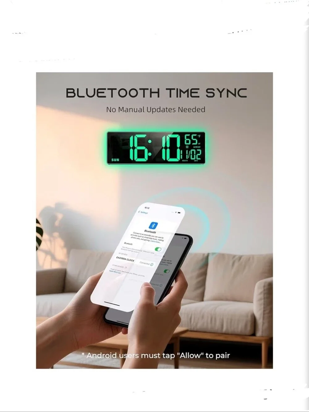 NIB Large Digital Wall Clock, BT Sync RGB Lights, 11 Scenes Mode, Remote Control